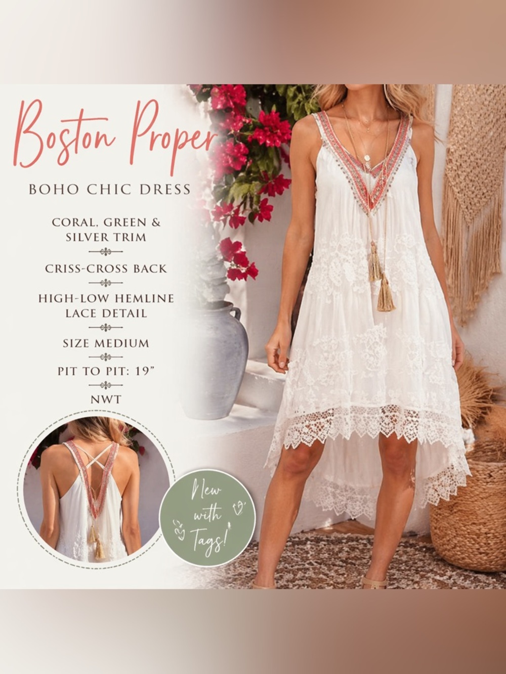 Boston Proper Embellished High-Low Dress Medium NWT Criss Cross Back Boho Glam